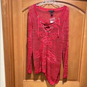 INC International Concepts Red Asymmetrical Metallic Lace-Up Sweater